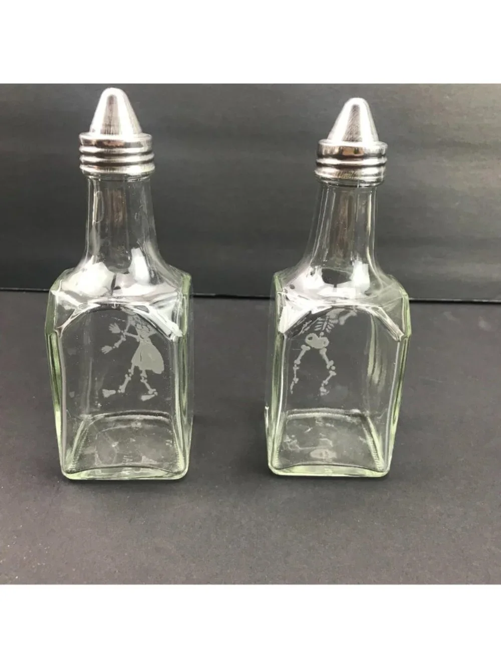 Skeleton Etched Glass Oil Vinegar Halloween Dispensers Bottles Metal Set Of 2